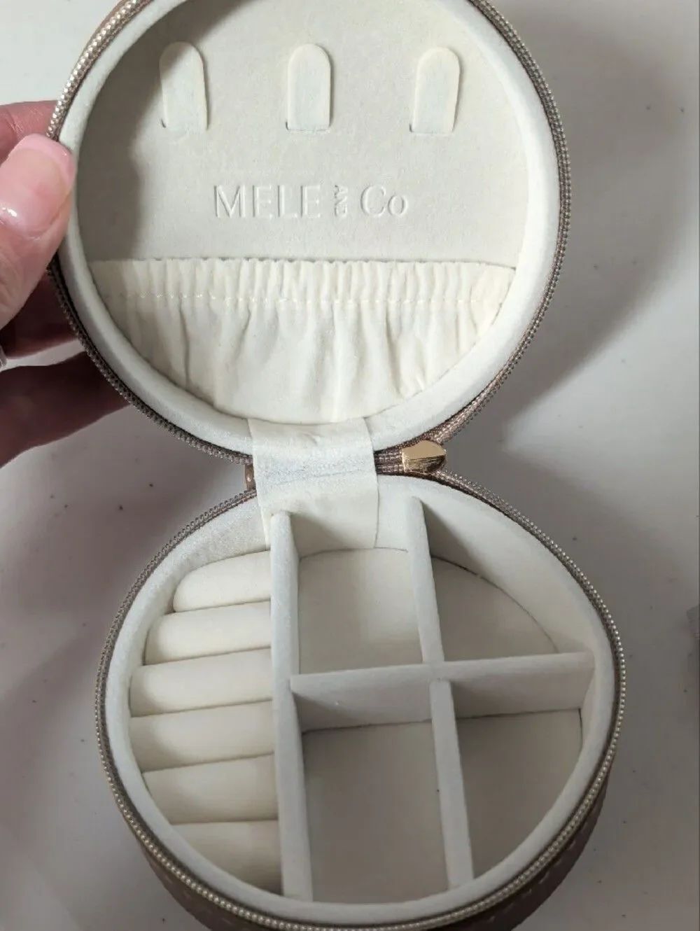 Round Taupe Travel Jewelry Case with Gold Zipper - Picture 3 of 5
